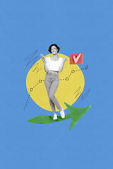 Aufkleber - Poster creative collage of person stand pointer with check mark on blue background