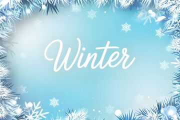 Wall Mural - winter background with snowflakes falling and pine branches framing light blue sky