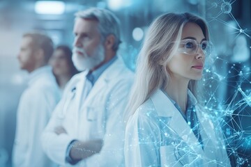 Poster - Medical researchers analyze data in a high-tech lab while collaborating on new solutions