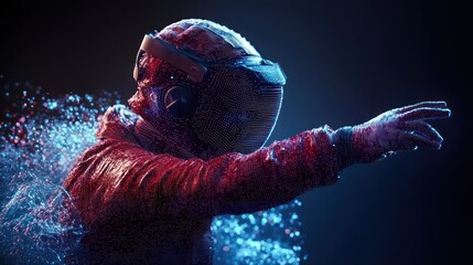 Wall Mural - Futuristic figure, reaching out, in dark space, digital particles