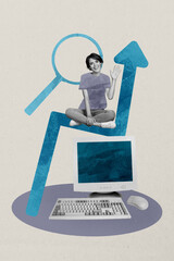 Aufkleber - Art image vertical photo collage of happy businesswoman freelancer sit pc monitor magnifier zoom search arrow progress desktop