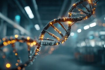 Poster - close-up artistic render of a dna molecule with shimmering lights, set against a blurred industrial 