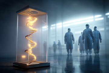 Poster - a luminous dna model encased in glass, standing in a sterile laboratory environment with medical res