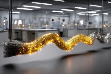 Poster - a mesmerizing display of conductive wires, transitioning from gold to silver, suspended in a laborat