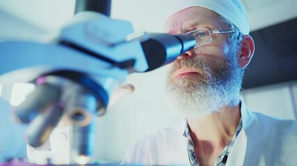 Wall Mural - experienced scientist wearing white lab coat and glasses meticulously examining research sample thro