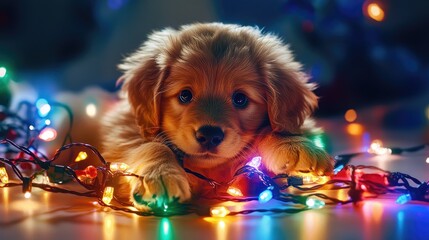 Poster - A fluffy puppy tangled in a string of holiday lights, looking innocent