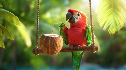 Poster - A parrot sitting on a swing sipping from a coconut with a straw
