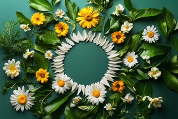 Poster - Sun shape crafted from blooming flowers and vibrant green leaves, creating a radiant and cheerful composition in a natural setting