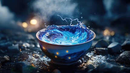 Poster - A porcelain teacup filled with a swirling miniature storm, with raindrops and tiny lightning bolts crackling above a whirlpool of tea