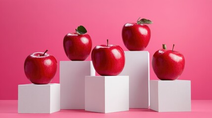 Poster - Bright red apples displayed artistically on white pedestals, pink background pop