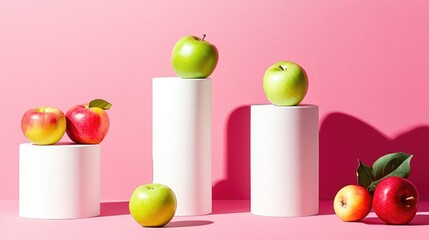 Poster - Clean and bold fruit display with apples on white cylinder stands and pink background