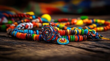 Aufkleber - Close detail of tribal necklace with colorful beads and traditional craftsmanship