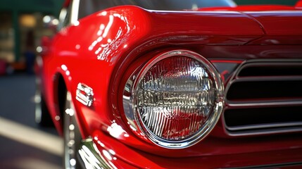 Poster - Close view of retro red car headlight with polished chrome and deep red paint