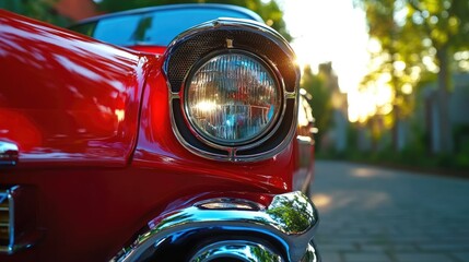 Poster - Close view of retro red car headlight with polished chrome and deep red paint