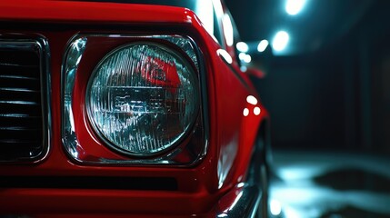 Poster - Nostalgic vibe with closeup of red vintage car headlight and polished chrome