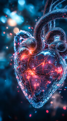 Fototapete - Glowing heart design with intricate textures and bright colorful patterns. Artistic setting features vibrant particles and illuminated background. Concept of love, emotion, creativity