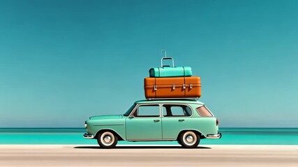 Poster - Light blue vintage car with luggage on roof rack driving along tropical beach with turquoise water and clear blue sky, creating a summer holiday atmosphere