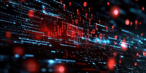 Fototapete - Abstract representation of digital data flow in blue and red tones.