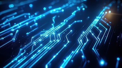 Fototapete - Abstract close-up of glowing blue circuit board patterns in a digital environment.