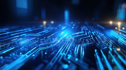Poster - Abstract close-up of a glowing circuit board with vibrant blue light effects.
