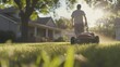 © keshia - Landscaper mowing grass in residential front yard. Featuring care and precision