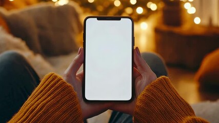 Poster - Cozy christmas atmosphere, warm lights and decorated christmas tree in the background, woman showing smartphone with blank white display, perfect for showcasing app or website
