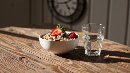 Poster - Sunlight streaming over rustic wooden table illuminating nutritious breakfast with oatmeal topped with colorful berries and glass of water near vintage wall clock
