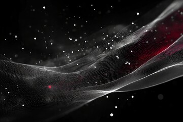 Poster - abstract flowing white particle wave with red accents against a dark black background scene