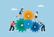 © Andri - Creative Business Teamwork Concept with People Collaborating to Turn Gears. Vector Illustration Symbolizing Cooperation, Process, and Productivity.