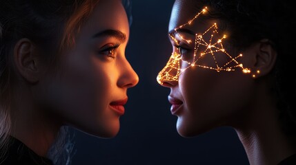 Poster - Women in profile, interconnected by glowing digital network, marketing sides