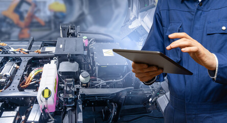 Fototapete - Serviceman with digital tablet next to electric truck. Electric vehicles maintenance