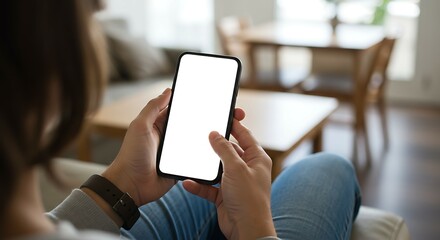 Mockup image of a man/woman holding and showing white mobile phone with blank screen. For Design.