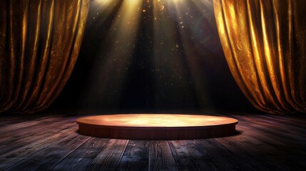 Canvas Print - Golden stage, illuminated wooden podium, dramatic curtains