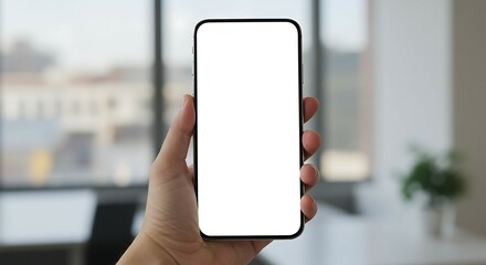 Mockup image of a man/woman holding and showing white mobile phone with blank screen. For Design.