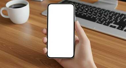 mockup image of a man/woman holding and showing white mobile phone with blank screen. for design.