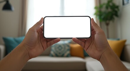 Mockup image of a man/woman holding and showing white mobile phone with blank screen. For Design.