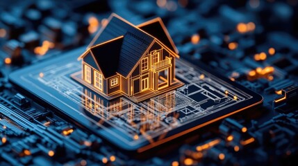 Poster - Building house on blueprint inside architecture and plan concept. A digital house model on a circuit board representing smart homes.