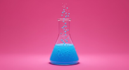 Wall Mural - scientific experiment with blue liquid and bubbles in a laboratory flask on pink background
