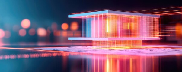 Poster - Building house on blueprint featuring construction and dwelling concept. Futuristic building illuminated by colorful neon lights.