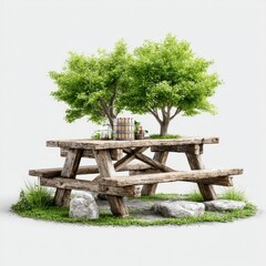 Poster - Rustic Picnic Table Setting with Green Trees on a Minimalist White Background: Outdoor Still Life 