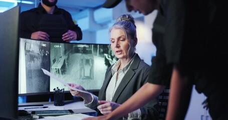 Poster - Computer screen, documents and report with people in CCTV control room for safety or security. Live feed, monitoring and surveillance with police officer team at headquarters for law enforcement