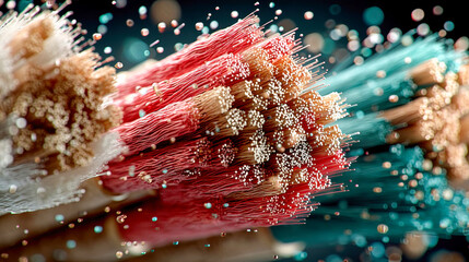 Poster - Fiber optic cable close-up with glowing strands and data particles, photorealistic detail