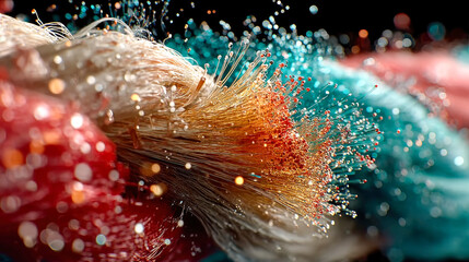 Poster - Digital data transfer in fiber optics with red and blue glowing lines and particles