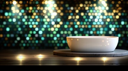 Canvas Print - Empty white bowl on wooden podium, spotlights on teal bokeh background.  Product display