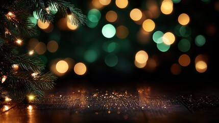 Canvas Print - Christmas lights on dark wood table with bokeh background