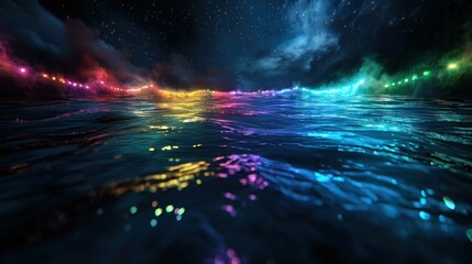 Wall Mural - Colorful lights reflecting on water, night sky background, digital art