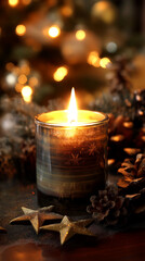 Poster - Lit candle in glass holder, surrounded by pine cones and stars, warm golden light, evokes feelings of peace and holiday spirit