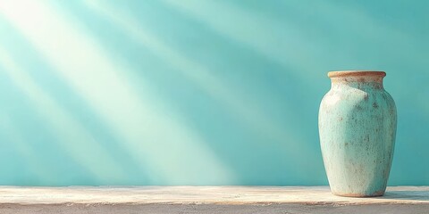 Poster - Serene Turquoise Vase on Wooden Surface with Natural Sunlight against a Soft Teal Background
