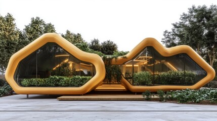 Aufkleber - A unique building design features organic shapes, extensive greenery, and large windows, promoting sustainability and zero emissions in an urban landscape.