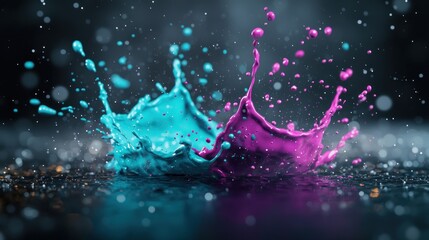 Wall Mural - Vibrant paint splashes collide on dark surface with bokeh background